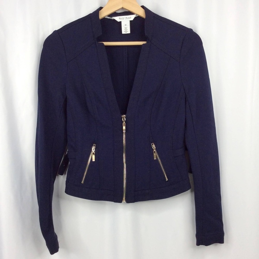 WHBM White House Black Market Blazer Jacket Size 00 Navy Blue Gold Zip V-Neck